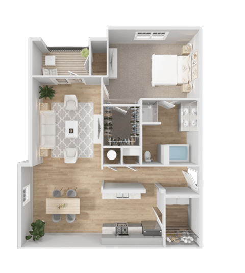 A 3D floor plan of a small apartment with a kitchen, living room, and bathroom.